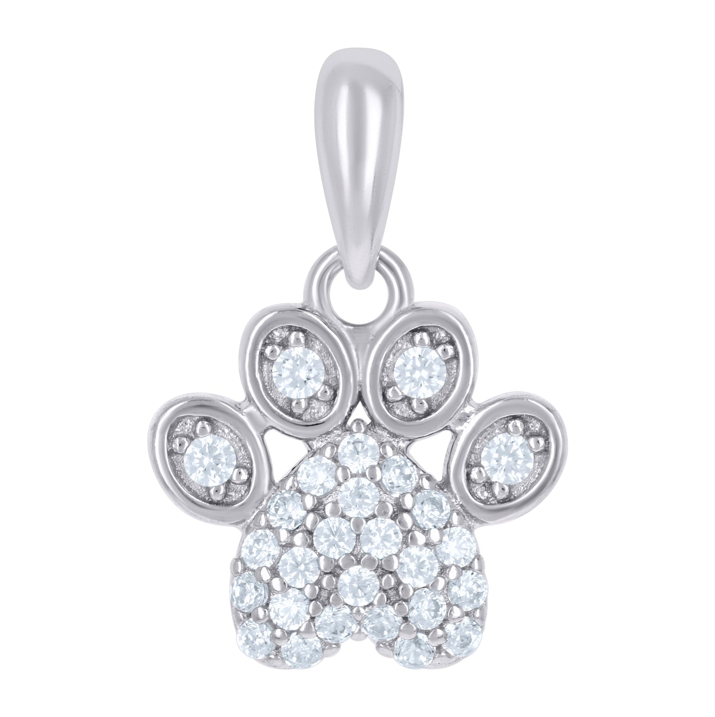 Sterling Silver Unisex Cubic-Zirconia Paw Print Heart Charm Pendant