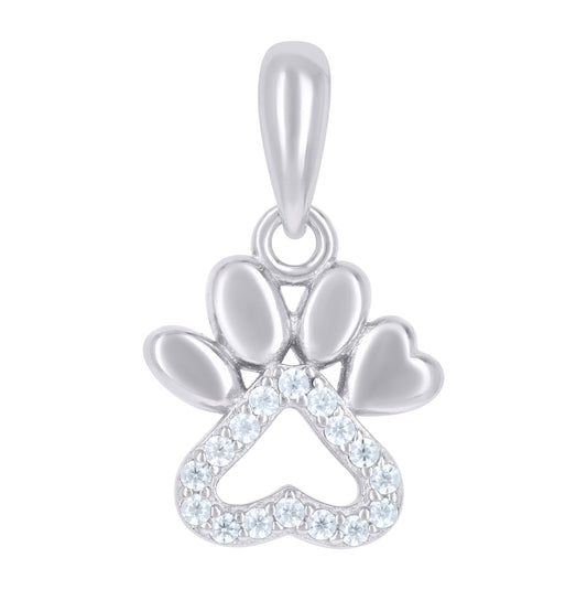 Sterling Silver Womens Cubic-Zirconia Paw Print Heart Charm Pendant