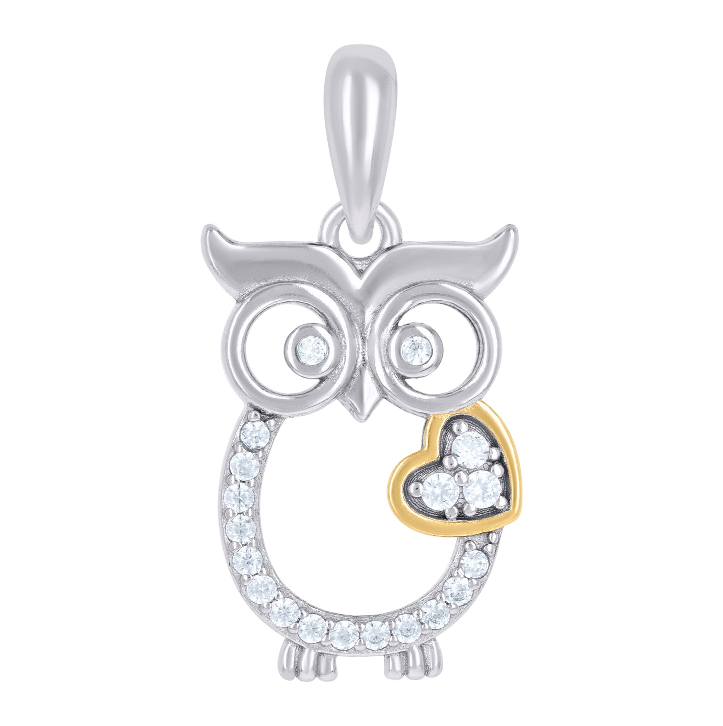 Sterling Silver Yellow-Tone Womens Cubic-Zirconia Owl Bird Heart Charm Pendant
