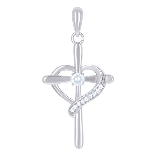 Sterling Silver Womens Cubic-Zirconia Heart Cross Religious Charm Pendant