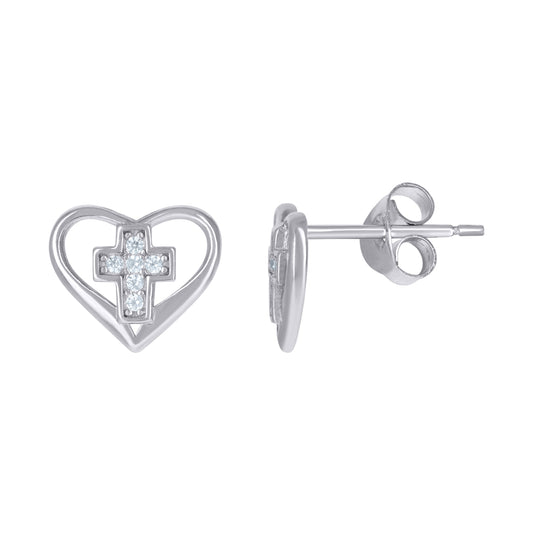 Sterling Silver Womens Cubic-Zirconia Cross Heart Love & Heart Stud Earrings