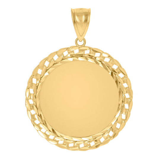 10K Yellow Gold Mens Cuban Link Medallion Photo Frame Charm Pendant