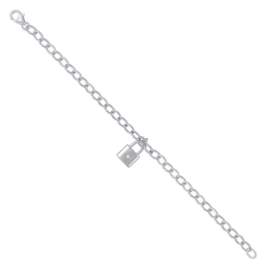 Sterling Silver Womens Cubic-Zirconia Lock Charms Bracelet