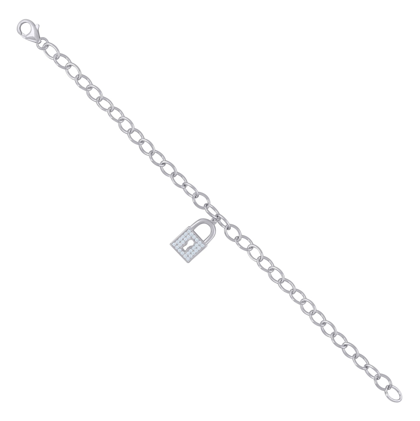 Sterling Silver Womens Cubic-Zirconia Lock Charms Bracelet