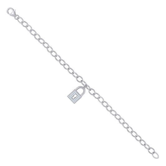 Sterling Silver Womens Cubic-Zirconia Lock Charms Bracelet