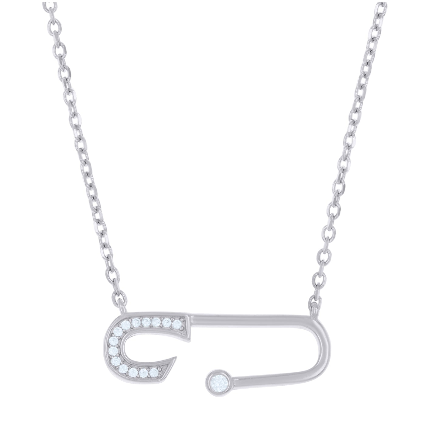 Sterling Silver Womens Cubic-Zirconia Safety Pin Necklace