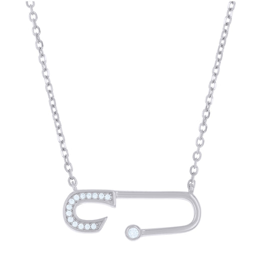 Sterling Silver Womens Cubic-Zirconia Safety Pin Necklace
