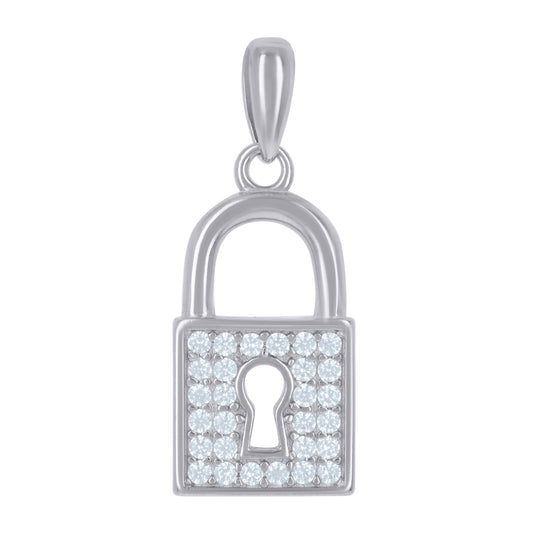 Sterling Silver Unisex Cubic-Zirconia Lock Charm Pendant