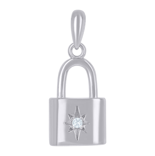 Sterling Silver Unisex Cubic-Zirconia Lock Charm Pendant