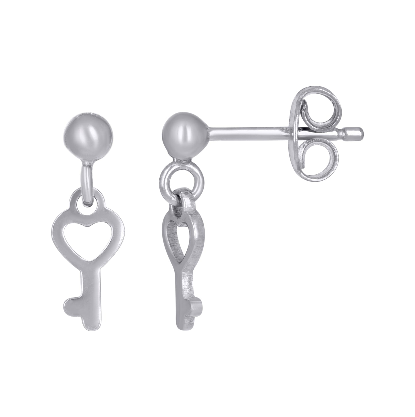 Sterling Silver Womens Heart Key Danglers Earrings