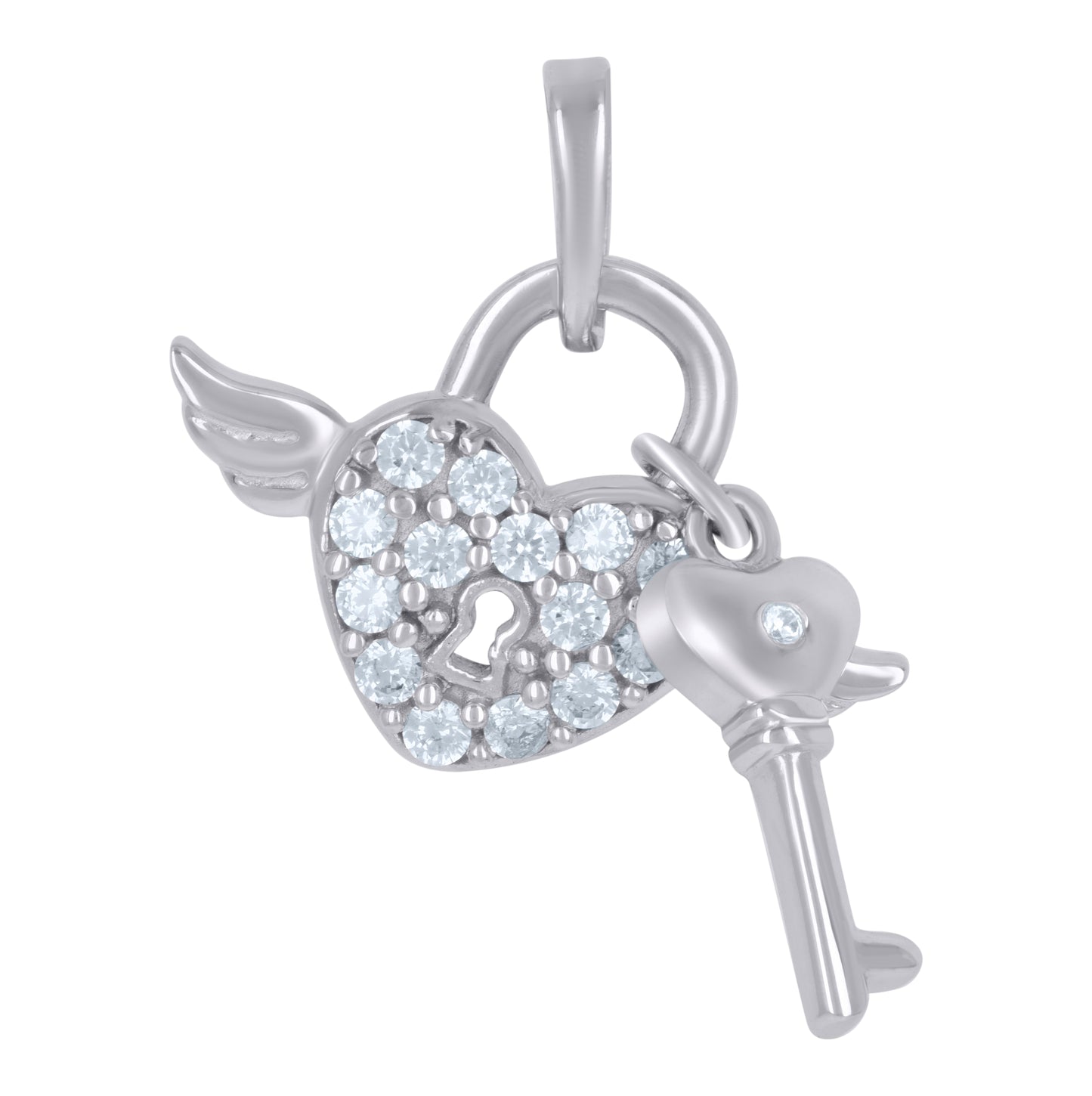 Sterling Silver Womens Cubic-Zirconia Flying Heart Lock & Key Charm Pendant