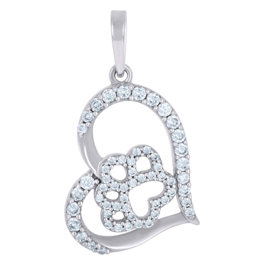 Sterling Silver Womens Cubic-Zirconia Paw Print Heart Charm Pendant