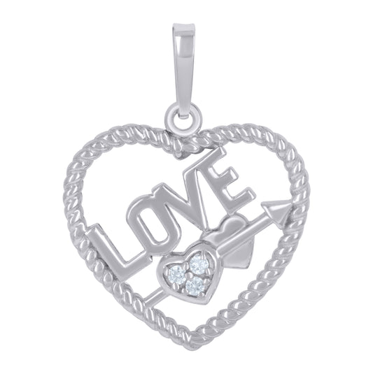 Sterling Silver Womens Cubic-Zirconia Love Heart Charm Pendant