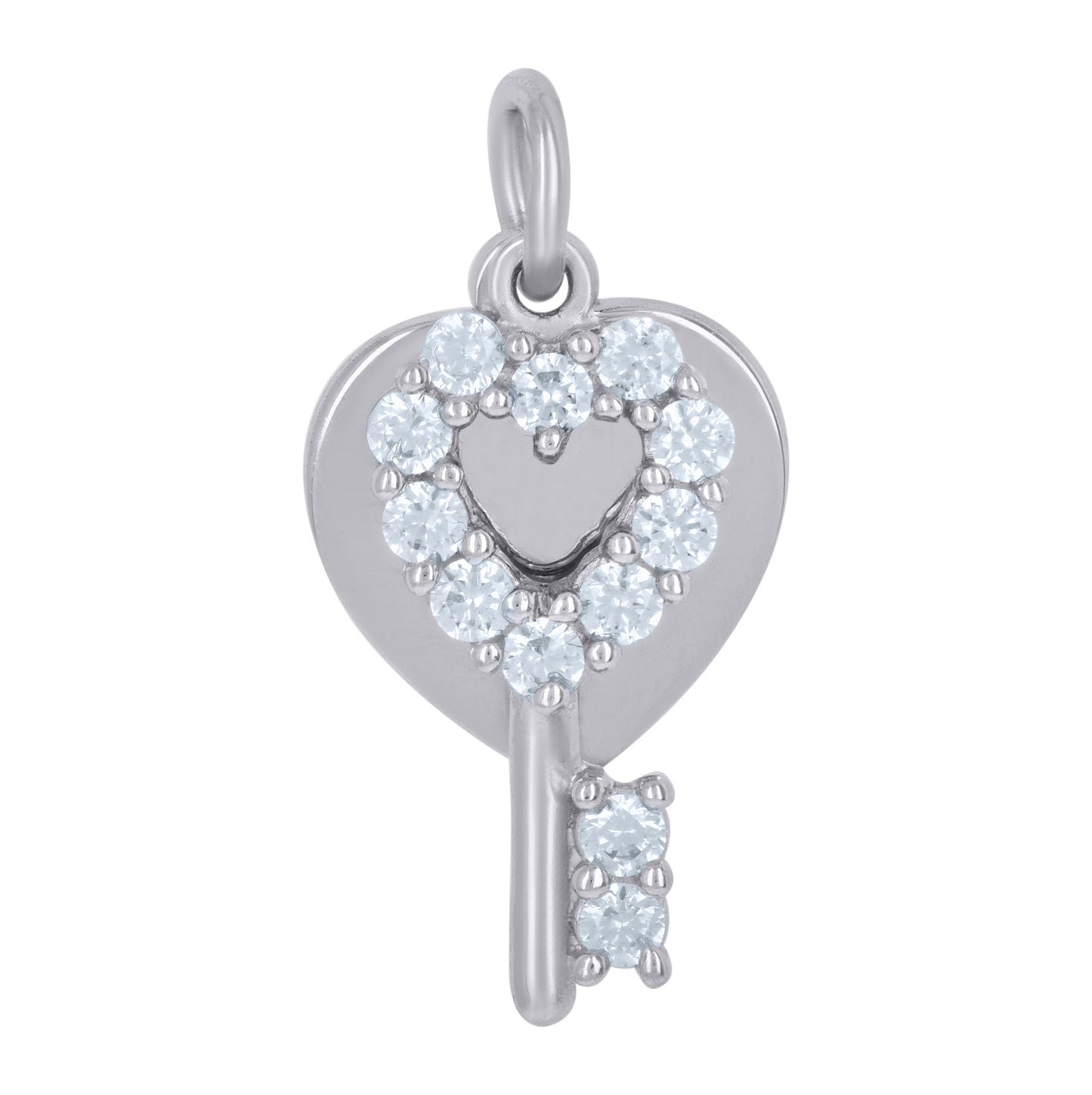 Sterling Silver Womens Cubic-Zirconia Heart Key Charm Pendant
