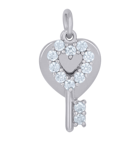 Sterling Silver Womens Cubic-Zirconia Heart Key Charm Pendant
