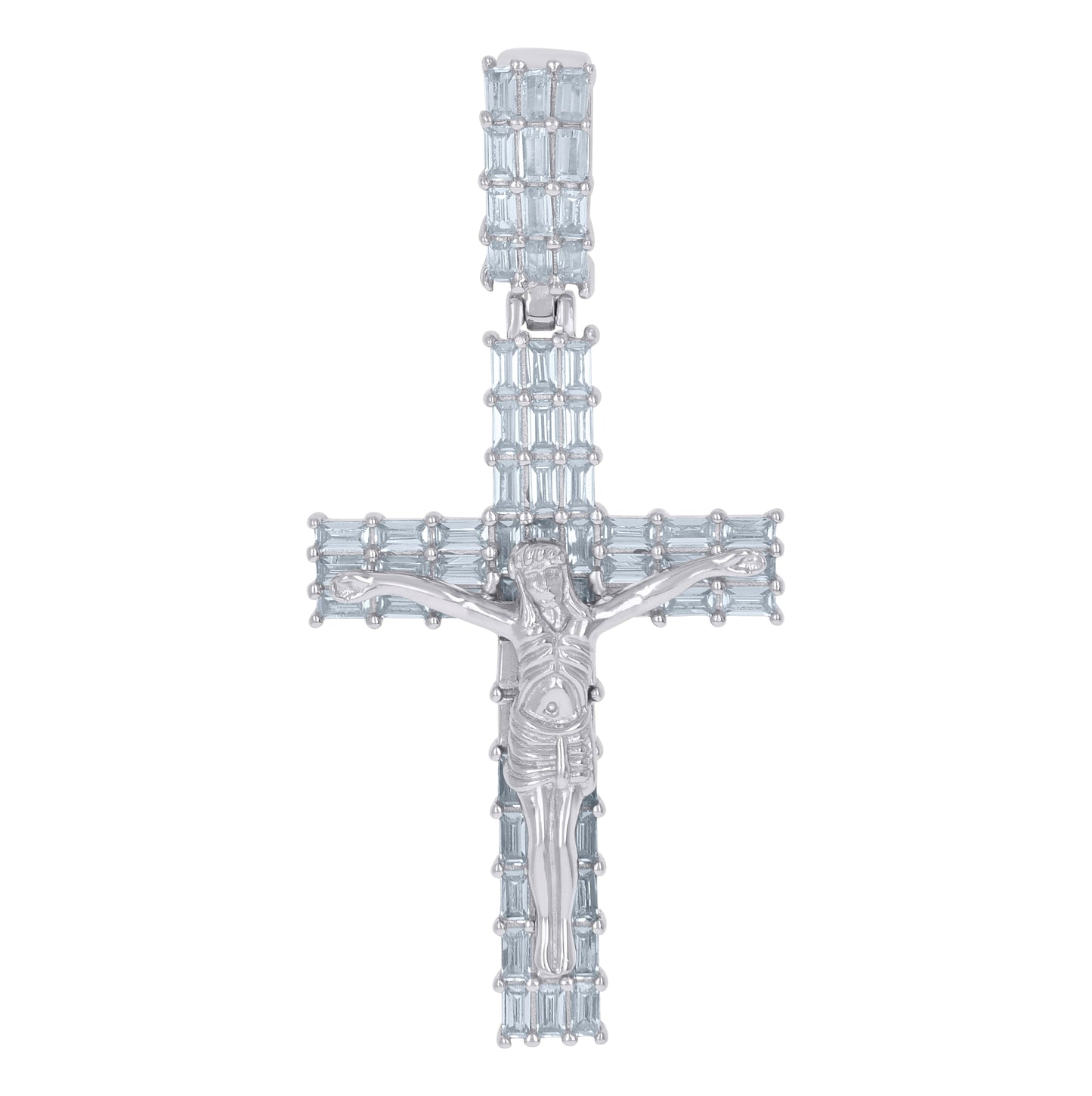 Sterling Silver Mens Baguette Cubic-Zirconia Crucifix Cross Religious Charm Pendant