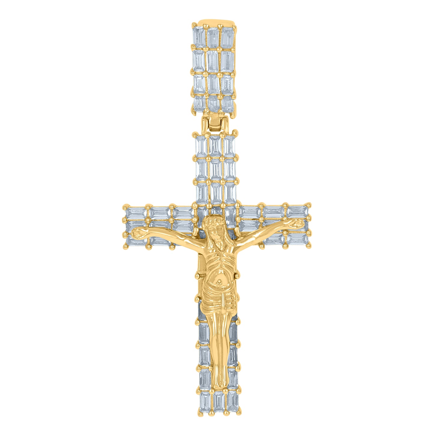 Sterling Silver Mens Baguette Cubic-Zirconia Crucifix Cross Religious Charm Pendant