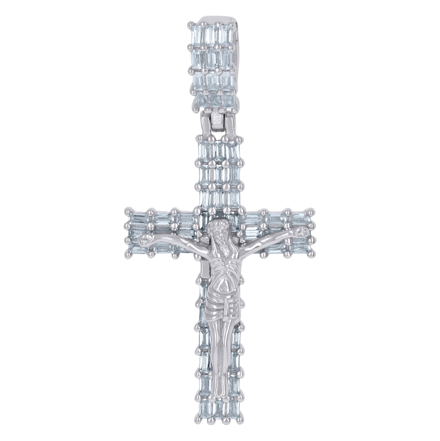 Sterling Silver Mens Baguette Cubic-Zirconia Crucifix Cross Religious Charm Pendant
