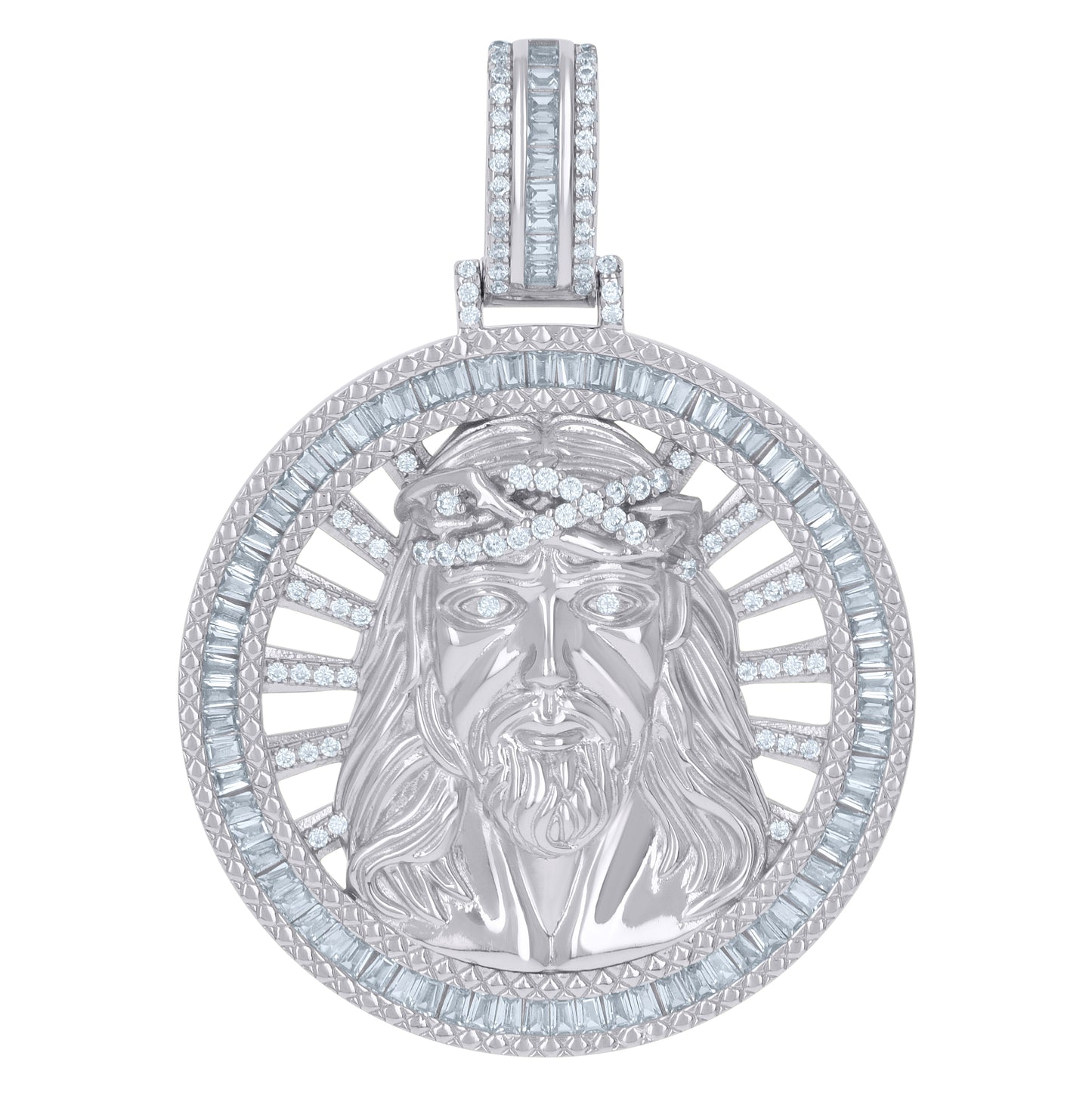 Sterling Silver Mens Baguette Cubic-Zirconia Medallion Jesus Religious Charm Pendant