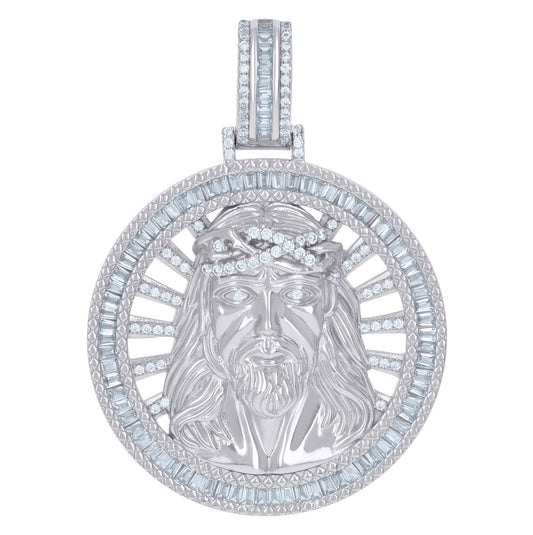 Sterling Silver Mens Baguette Cubic-Zirconia Medallion Jesus Religious Charm Pendant