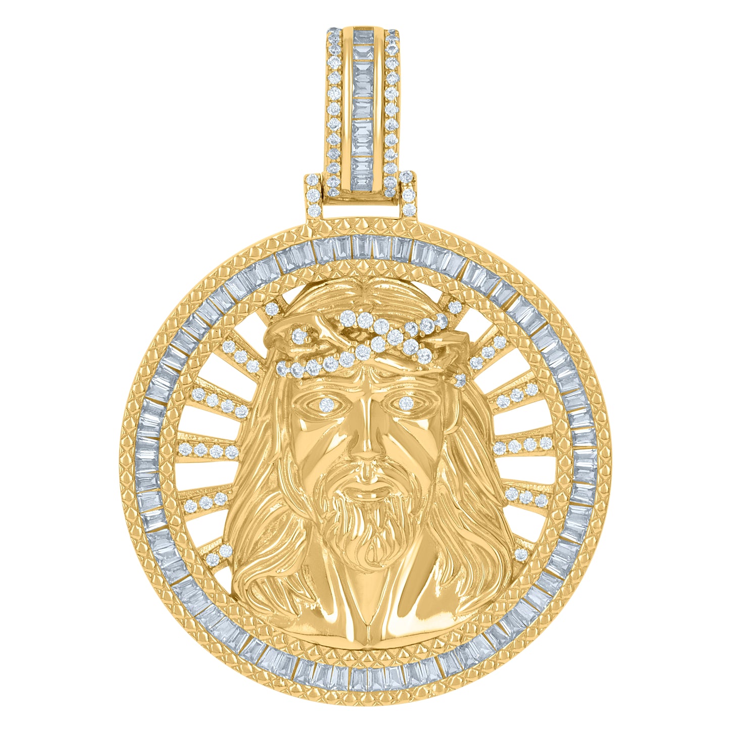 Sterling Silver Mens Baguette Cubic-Zirconia Medallion Jesus Religious Charm Pendant