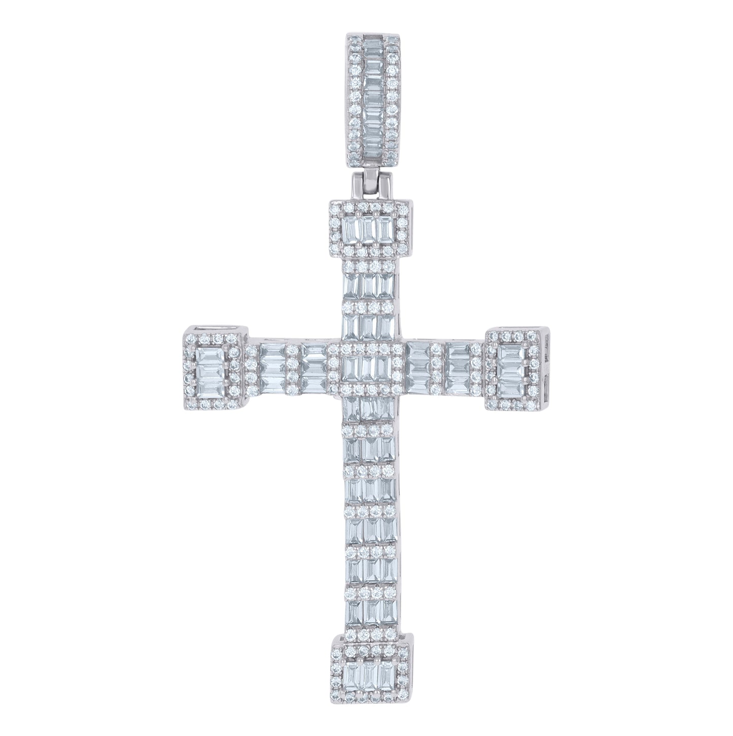 Sterling Silver Mens Baguette Cubic-Zirconia Cross Religious Charm Pendant