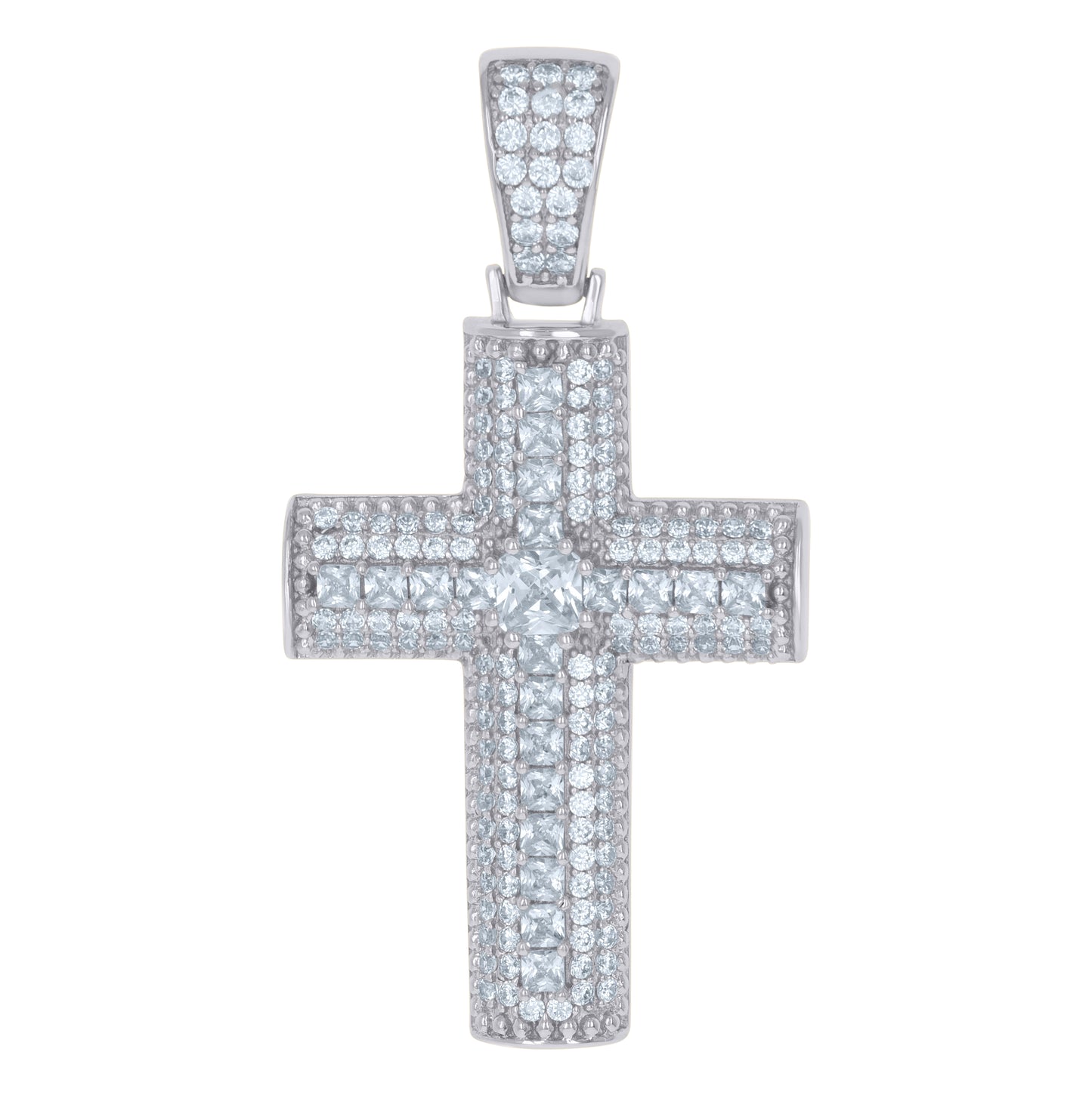 Sterling Silver Mens Princess Cubic-Zirconia Cross Religious Charm Pendant