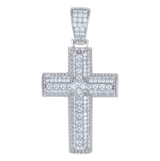 Sterling Silver Mens Princess Cubic-Zirconia Cross Religious Charm Pendant