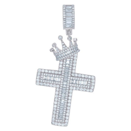 Sterling Silver Mens Baguette Cubic-Zirconia Crown Cross Religious Charm Pendant