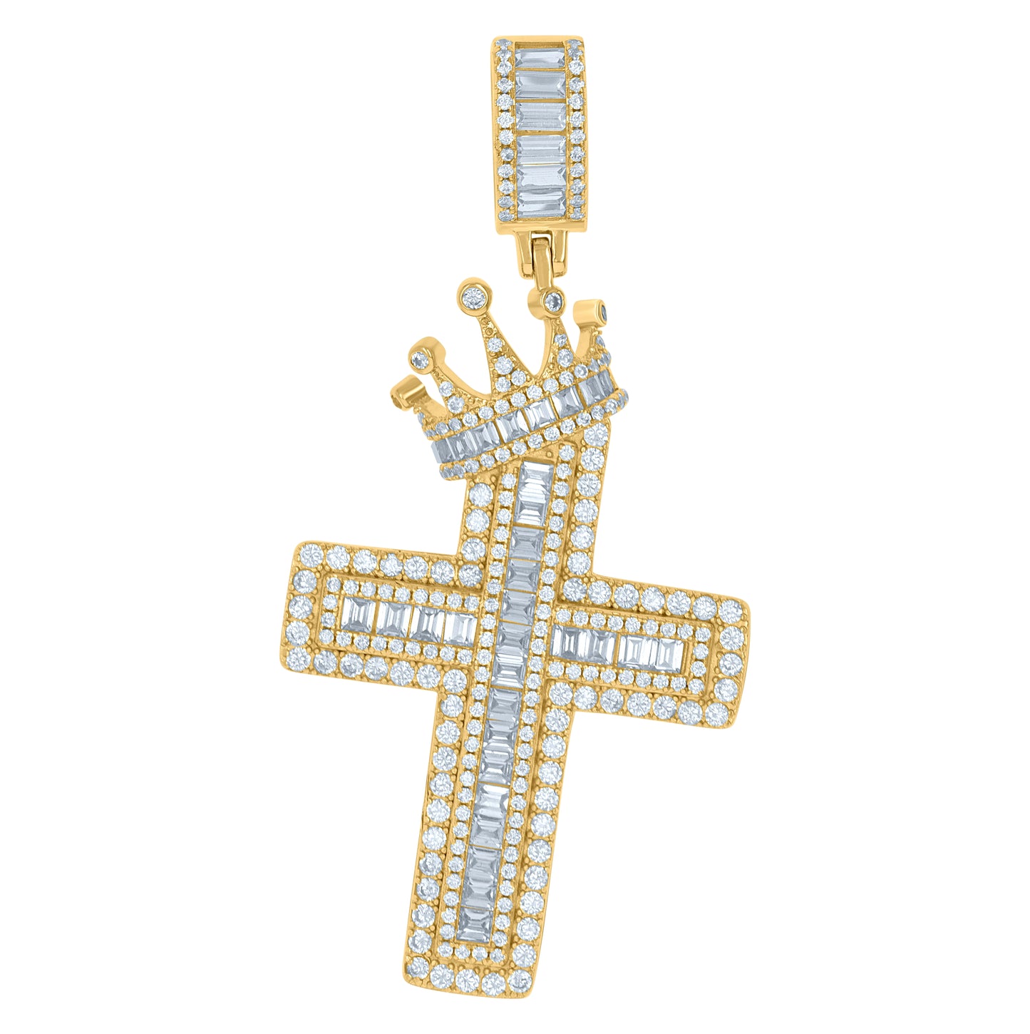 Sterling Silver Mens Baguette Cubic-Zirconia Crown Cross Religious Charm Pendant