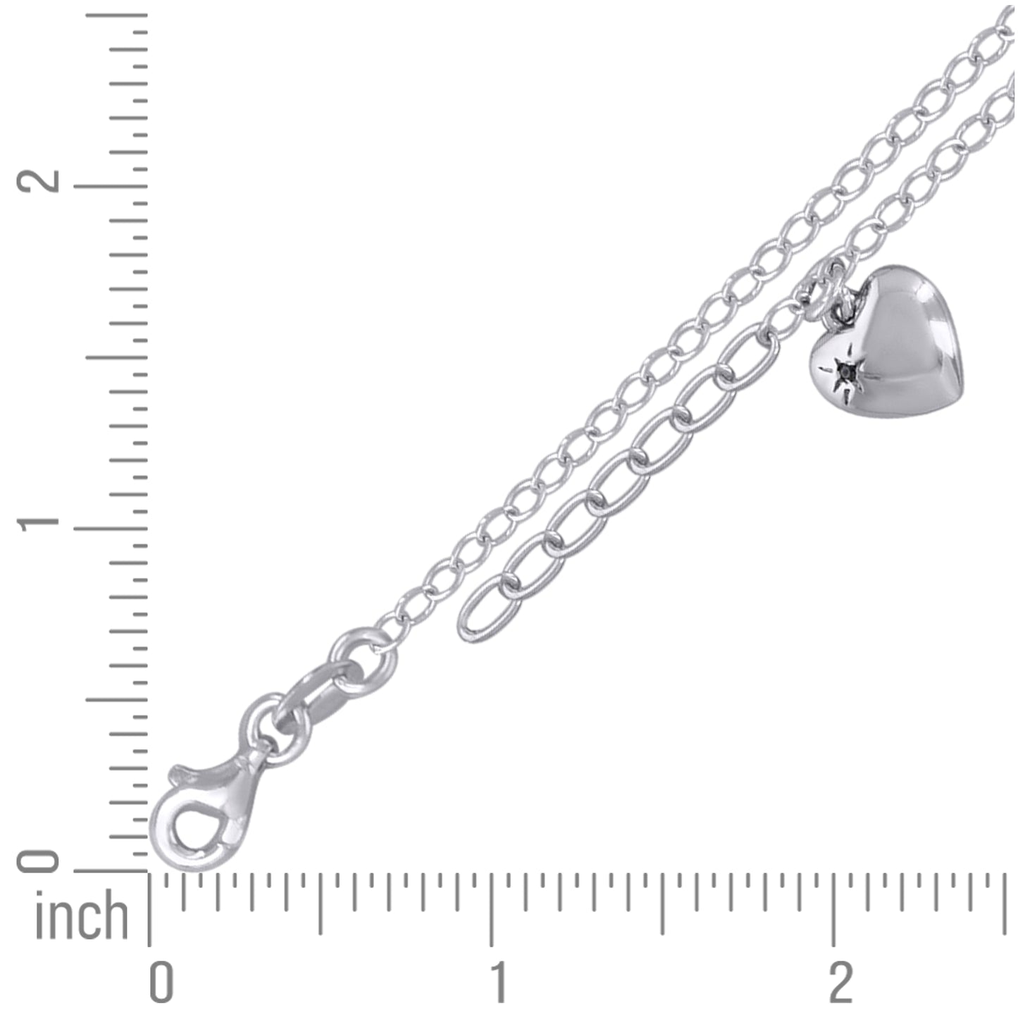 Sterling Silver Womens Cubic-Zirconia Rolo Link Heart Charms Anklet