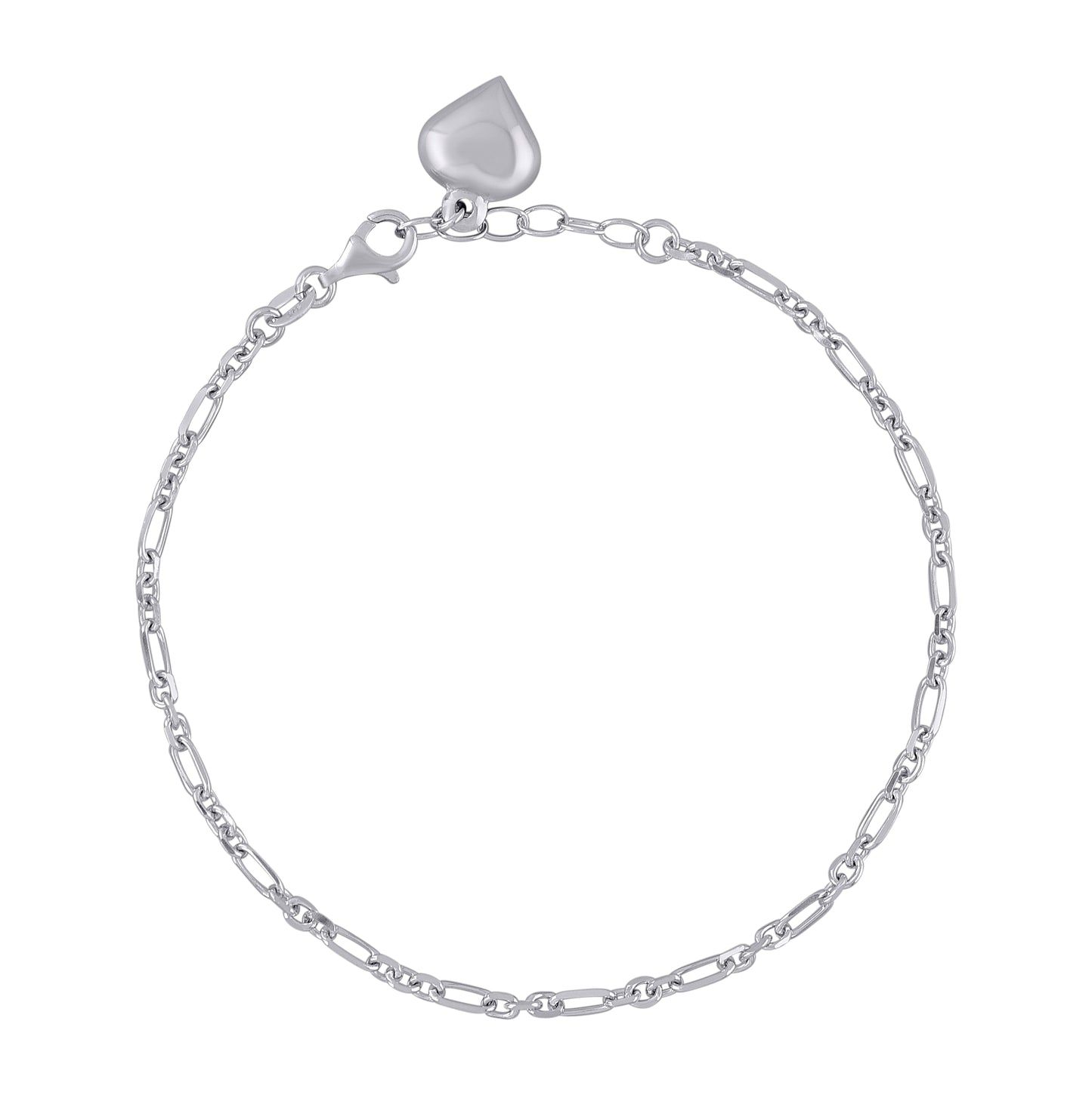 Sterling Silver Womens Figaro Link Heart Charms Anklet