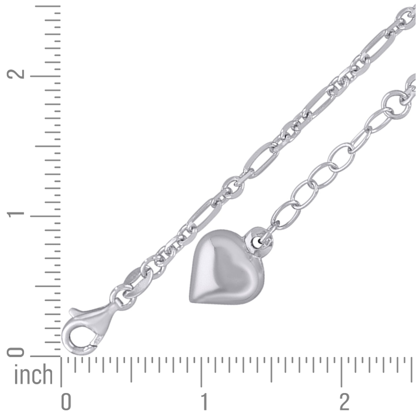 Sterling Silver Womens Figaro Link Heart Charms Anklet