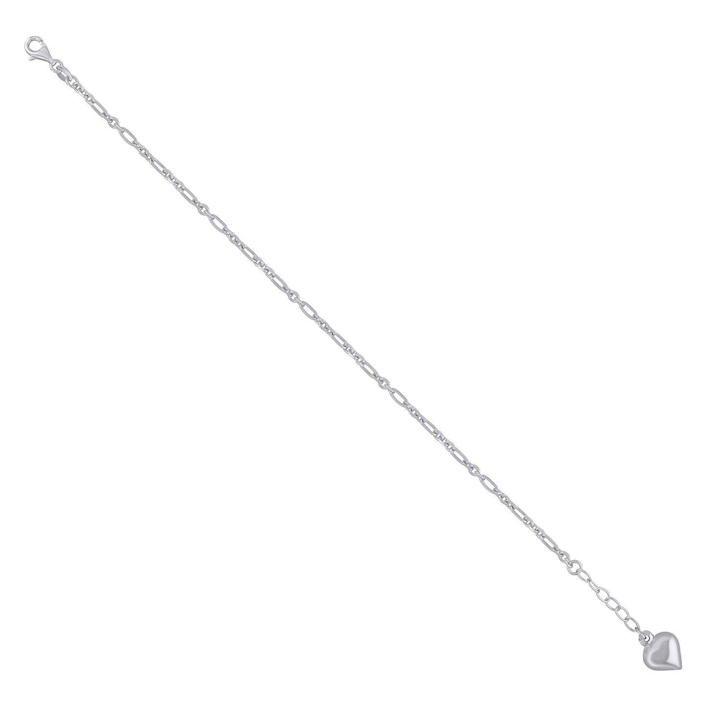 Sterling Silver Womens Figaro Link Heart Charms Anklet