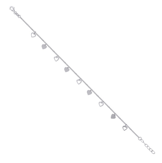 Sterling Silver Womens Rolo Link Heart Charms Anklet