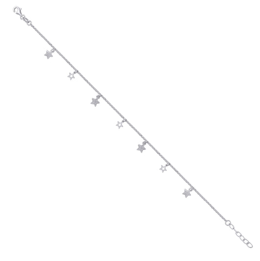 Sterling Silver Womens Rolo Link Celestial Stars Charms Anklet