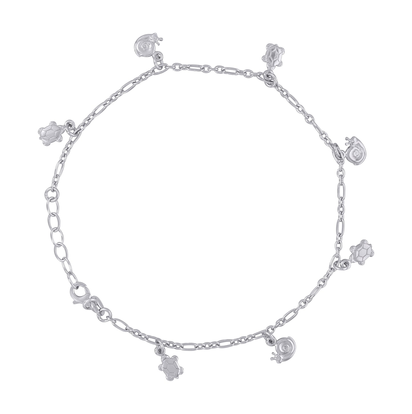 Sterling Silver Womens Figaro Link Ocean Charms Anklet