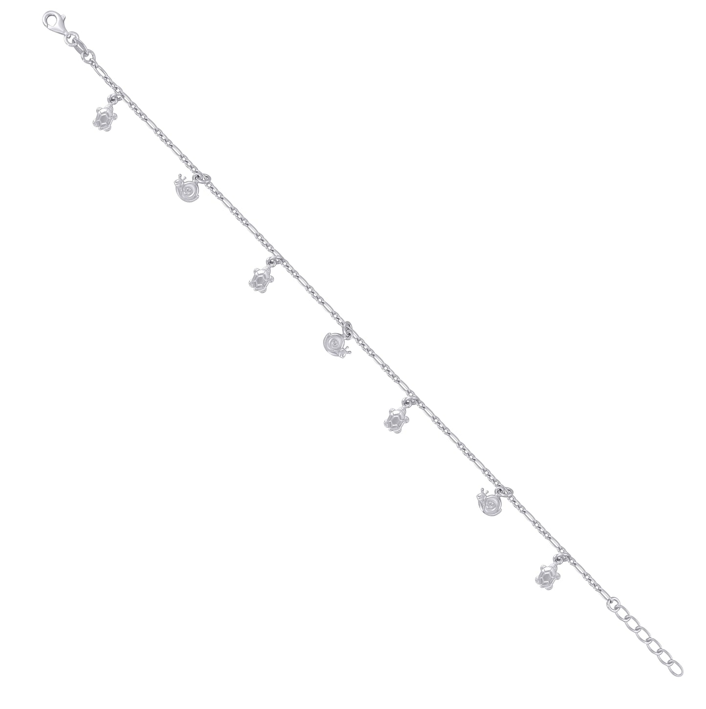 Sterling Silver Womens Figaro Link Ocean Charms Anklet