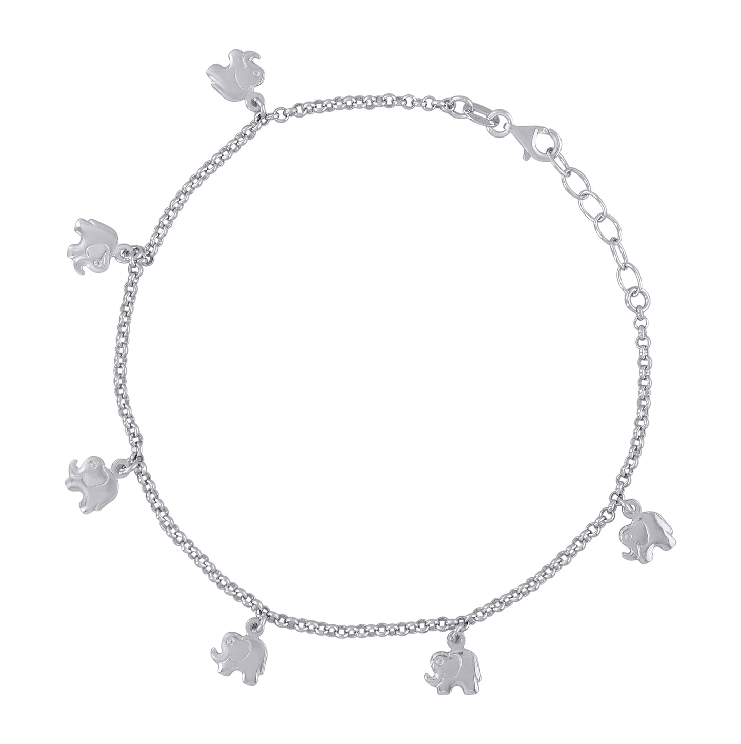 Sterling Silver Womens Figaro Link Elephant Fashion Charms Anklet