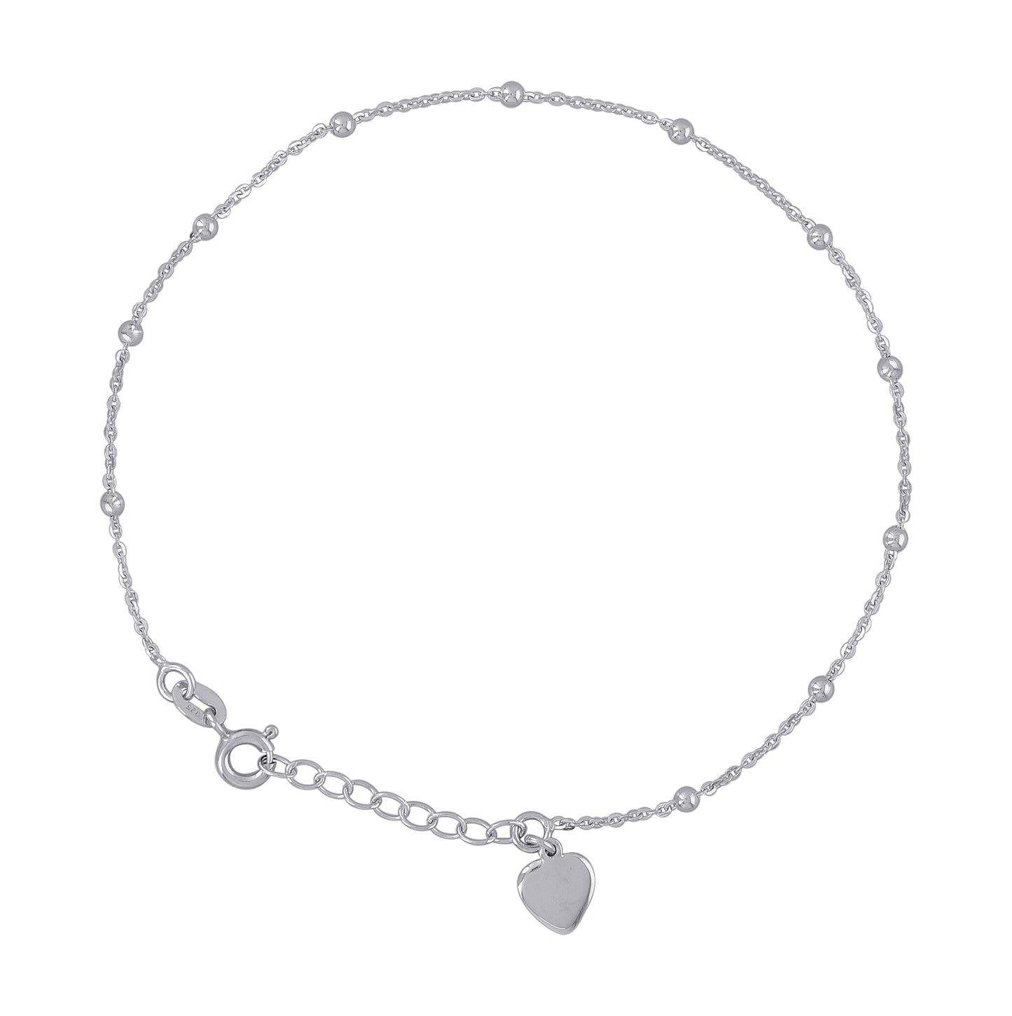 Sterling Silver Womens Beaded Heart Charms Anklet