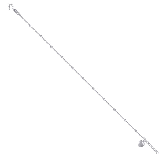 Sterling Silver Womens Beaded Heart Charms Anklet