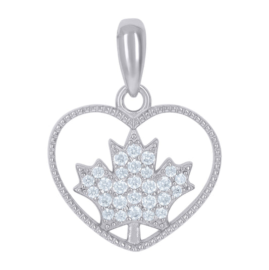 Sterling Silver Womens Cubic-Zirconia Maple Leaf Heart Charm Pendant