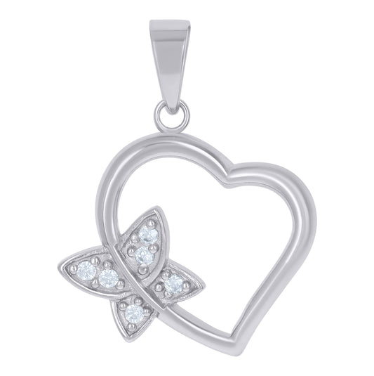 Sterling Silver Womens Cubic-Zirconia Butterfly Heart Charm Pendant