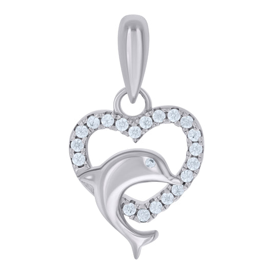 Sterling Silver Womens Cubic-Zirconia Dolphin Heart Charm Pendant
