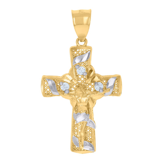 10K Two-Tone Gold Unisex Cubic-Zirconia Crucifix Cross Religious Charm Pendant