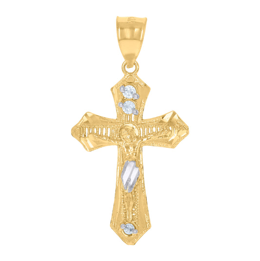 10K Two-Tone Gold Unisex Cubic-Zirconia Crucifix Cross Religious Charm Pendant