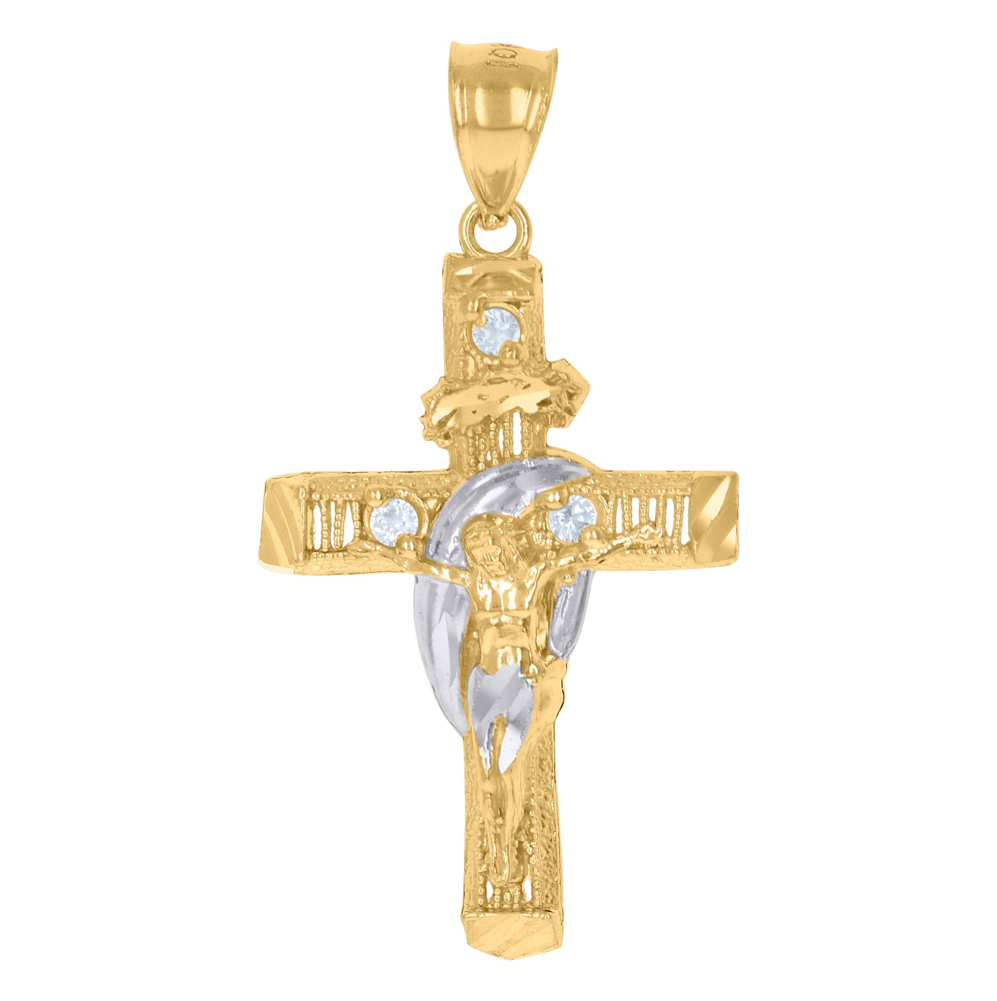10K Two-Tone Gold Unisex Cubic-Zirconia Crucifix Cross Religious Charm Pendant