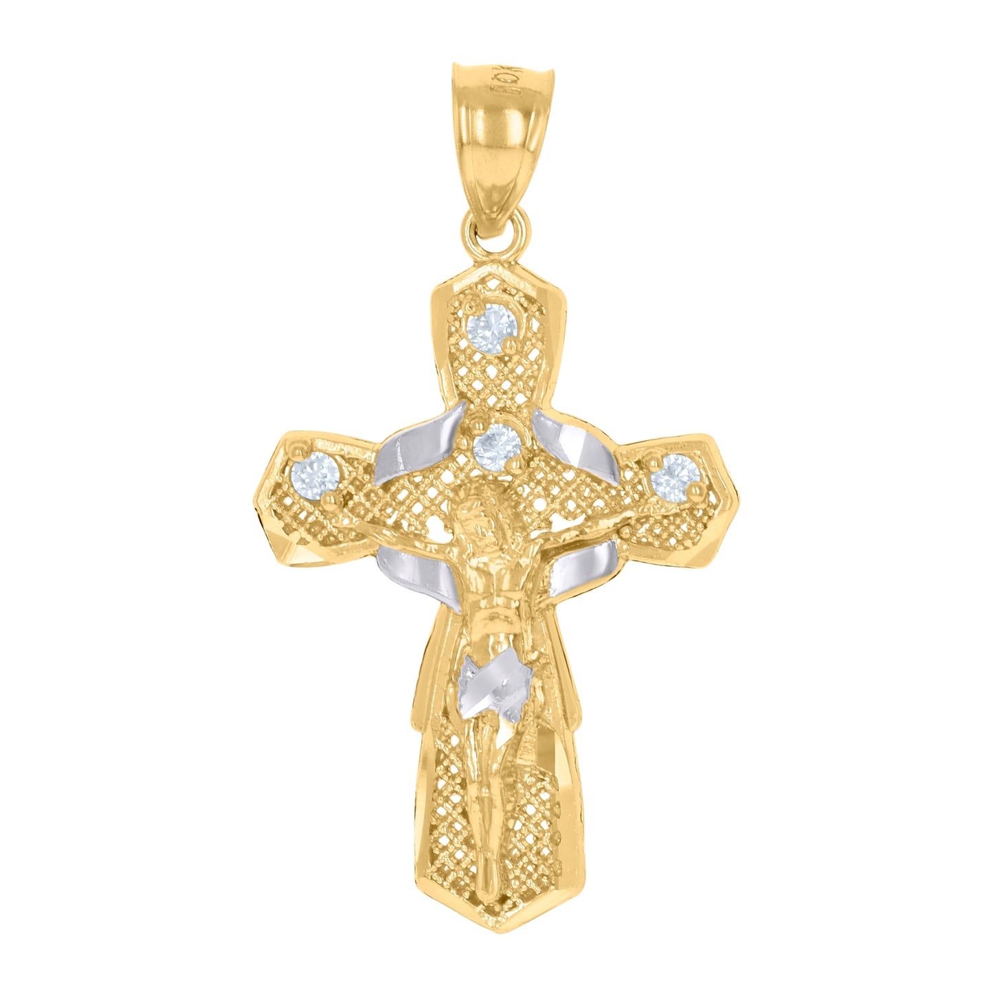 10K Two-Tone Gold Unisex Cubic-Zirconia Crucifix Cross Religious Charm Pendant