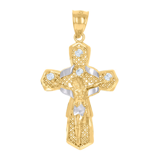 10K Two-Tone Gold Unisex Cubic-Zirconia Crucifix Cross Religious Charm Pendant