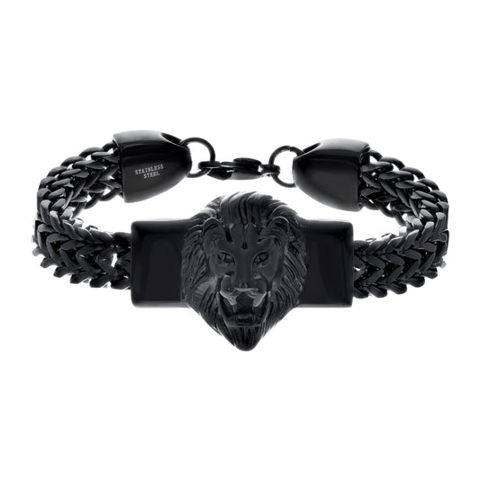 Stainless Steel Mens Black -Tone Leo/Lion Head Wild Life/Zodiac Sign Fashion Bracelet